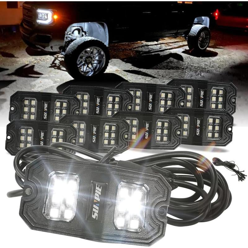 SUNPIE Pure White Rock Lights, 18 Wide Angle Chips, 4M Extension Wires Each Light,Ip67 Waterproof,For Trucks Trailer Cars SUV ATV UTV Boats Car Suv