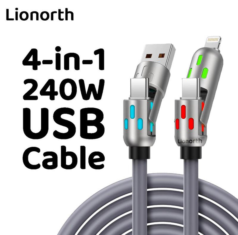 240W 4-In-1 USB Charging Cable – High-Speed Charging and Data Transfer for Iphone 15/16, Ipad Pro, Samsung, and Other Devices, Perfect for Home, Office, and Travel